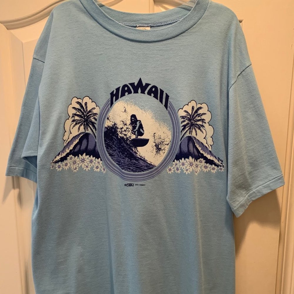 Rare Vintage 1970's Crazy Shirts Hawaiian T-Shirt.  Size L, light blue.
